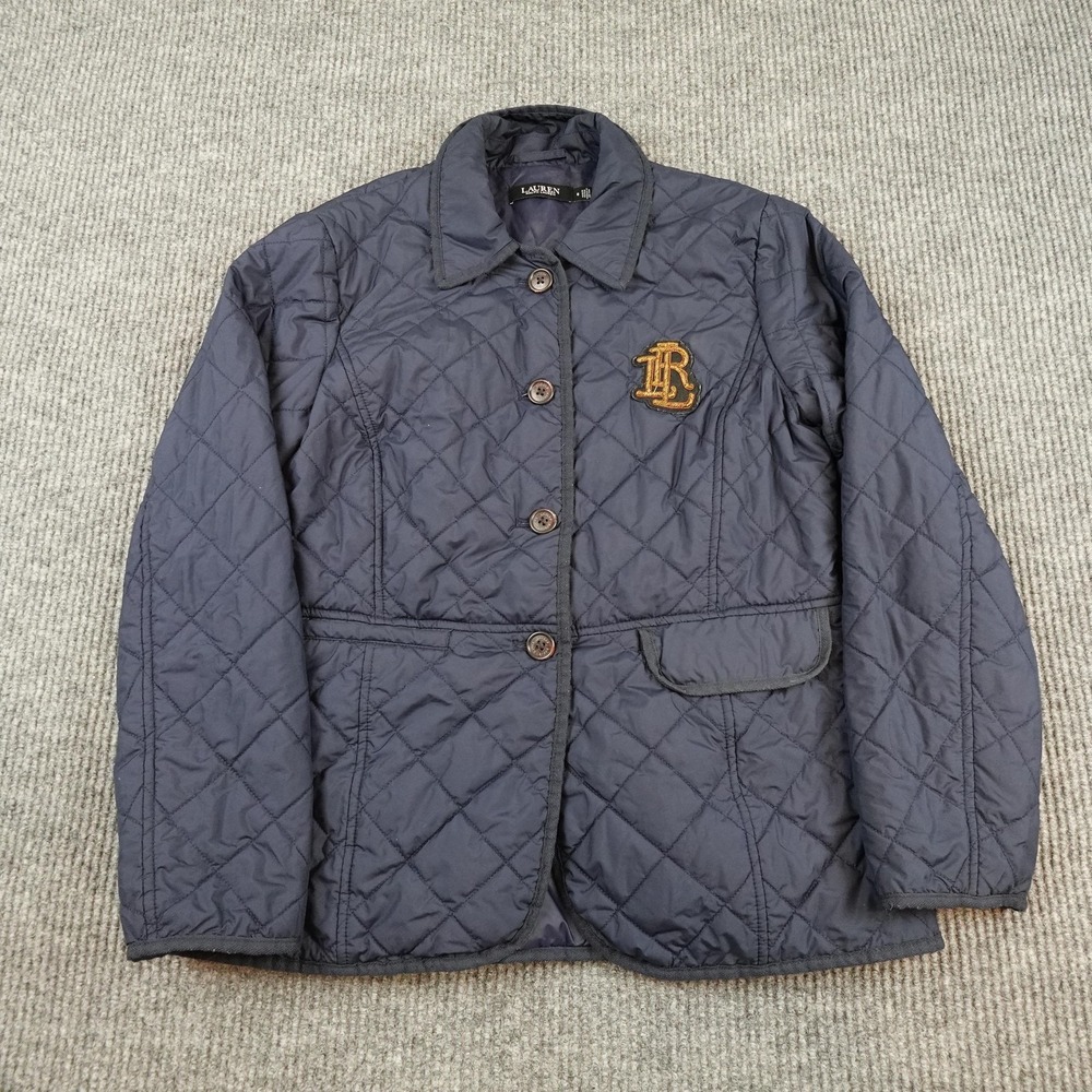 Lauren Ralph Lauren Jacket Womens 8 Blue Quilted Button Front Crest Logo Padded